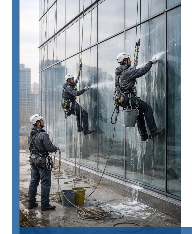 Промышленная мойка панорамных окон на высоте в Шебекине