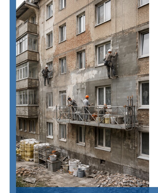 Капитальный ремонт фасада в Шебекине с восстановлением и гидроизоляцией