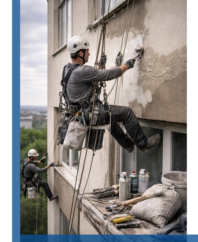 Косметический ремонт фасада зданий в Шебекине промышленными альпинистами