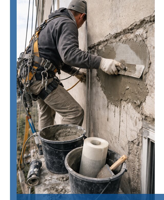 Ремонт бетонных элементов фасада промышленными альпинистами в Шебекине