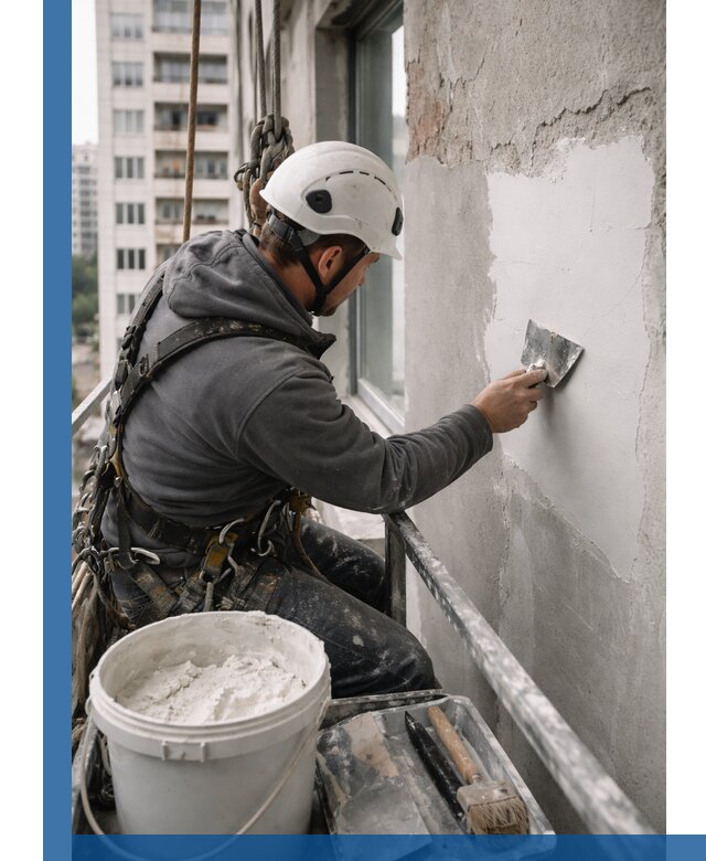 Шпаклевка фасадов на высоте с промальпинистами в Шебекине