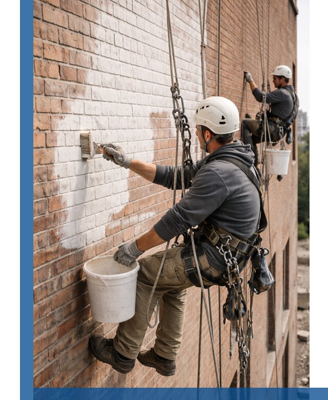 Покраска кирпичного фасада с доступным альпинистским сервисом в Шебекине