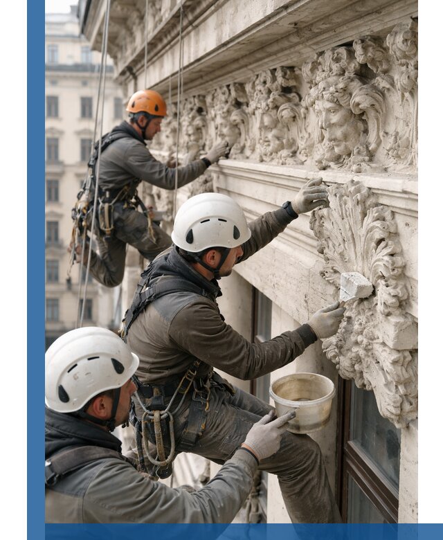 Реставрация фасадной лепнины с высотными работами в Шебекине