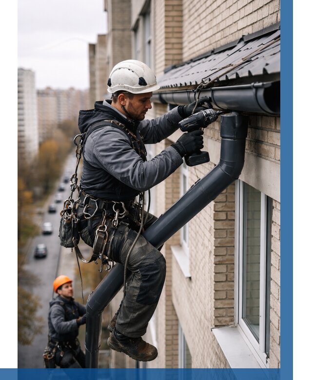 Монтаж водосточной системы на здании в Шебекине от 5091 р. | ВЫСОТНИК-Шбк