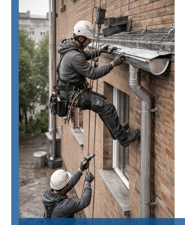 Монтаж водосточной системы на здании в Шебекине под ключ