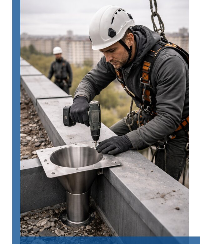 Монтаж водосточных воронок в Шебекине для промышленных зданий