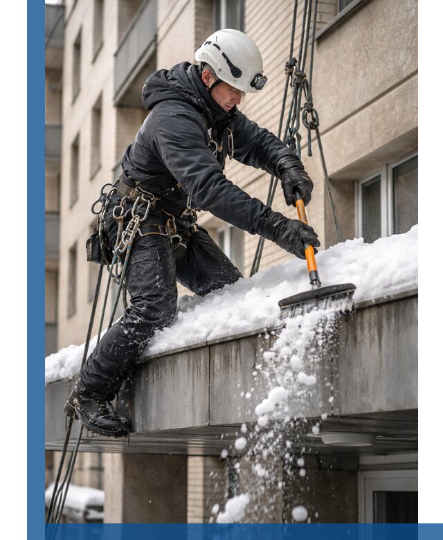 Очистка козырьков от снега в Шебекине круглогодично безопасно