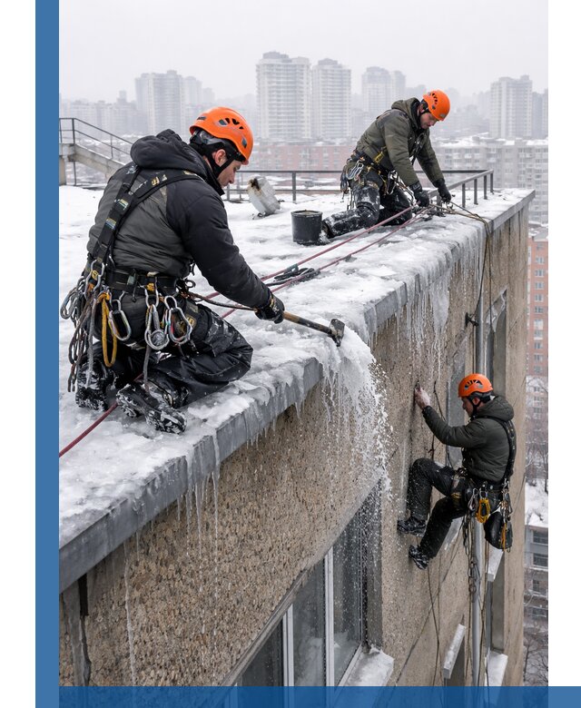 Удаление наледи с кровли в Шебекине промышленными альпинистами