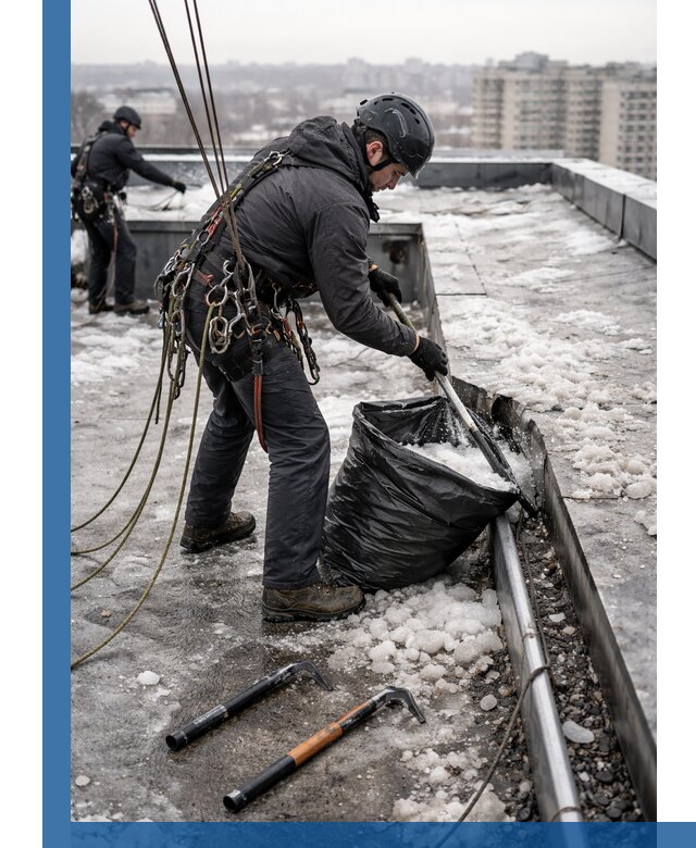 Аварийная очистка кровли в Шебекине от промальпинистов