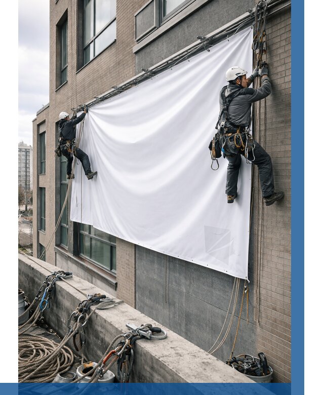 Монтаж баннеров на фасаде в Шебекине от 662 р. заказать ВЫСОТНИК-Шбк