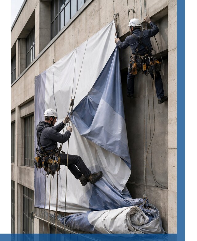 Демонтаж баннеров с фасада в Шебекине от 4581 р. | ВЫСОТНИК-Шбк