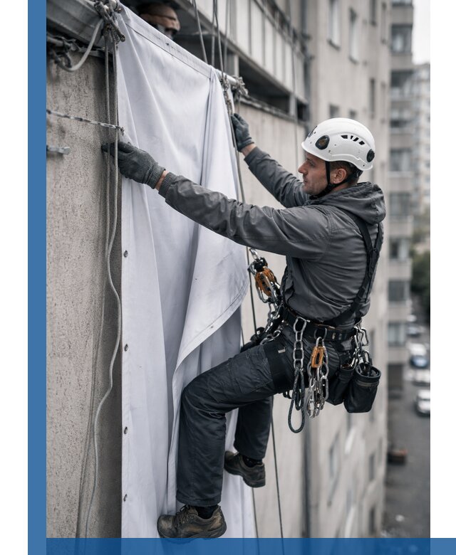 Замена баннерного полотна промышленными альпинистами в Шебекине