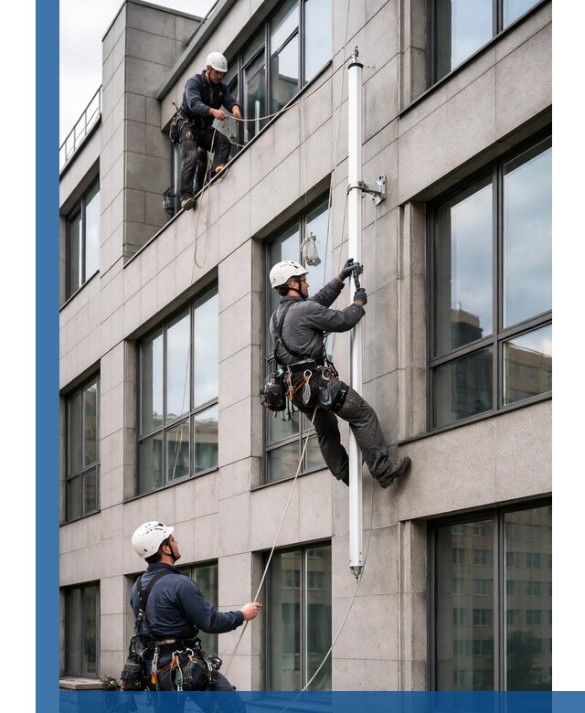 Монтаж флагштока на фасаде здания с креплением и герметикой в Шебекине