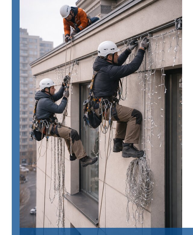 Монтаж праздничных гирлянд на фасаде в Шебекине для зданий