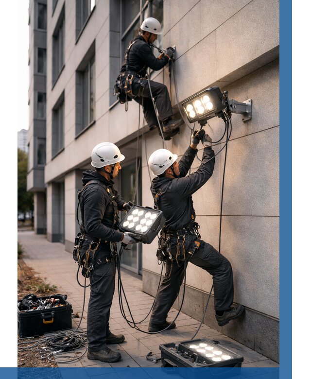 Монтаж прожекторов на фасаде в Шебекине от 7636 р. | ВЫСОТНИК-Шбк