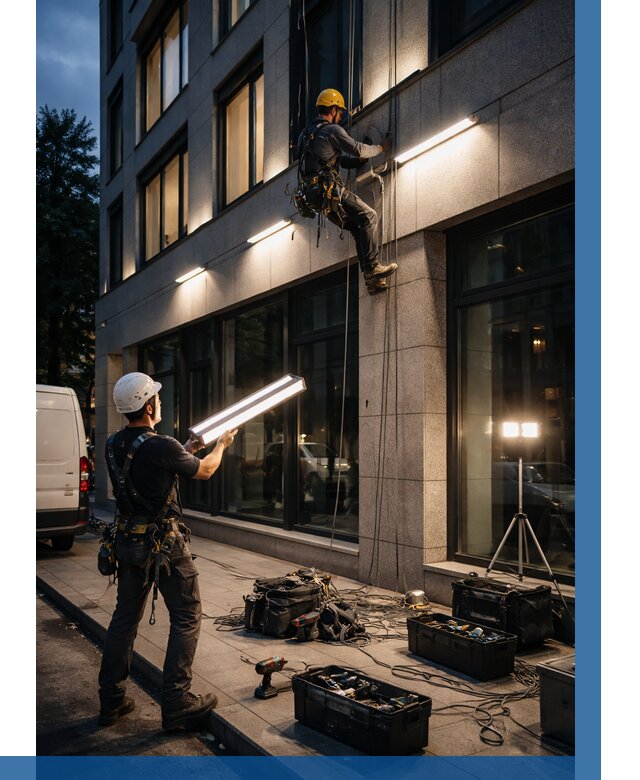 Монтаж архитектурной подсветки здания в Шебекине от 2545 р.|ВЫСОТНИК-Шбк