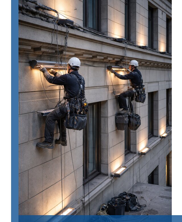 Монтаж архитектурной подсветки фасадов зданий в Шебекине