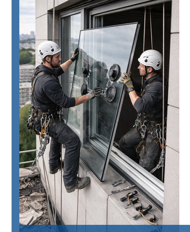 Замена стеклопакетов на высоте с промышленными альпинистами в Шебекине
