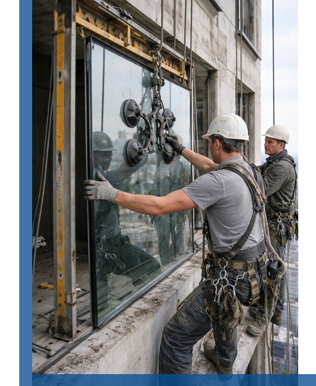 Монтаж стеклопакетов на высоте в Шебекине с промышленным альпинизмом