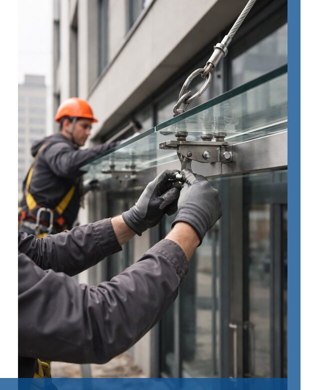 Монтаж стеклянных козырьков в Шебекине от 8654 р. | ВЫСОТНИК-Шбк