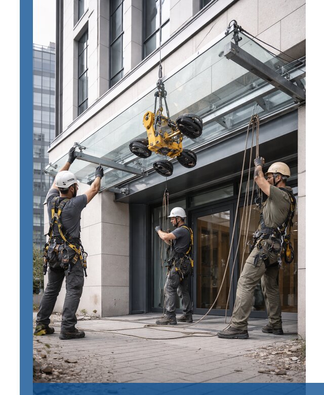 Монтаж стеклянных козырьков под ключ в Шебекине для зданий