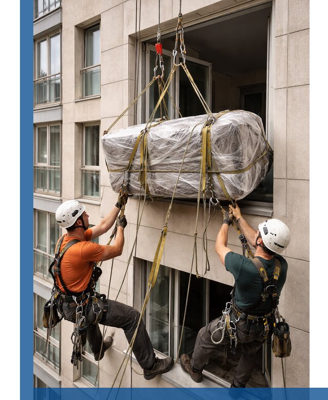 Подъем грузов через окно в Шебекине промышленными альпинистами