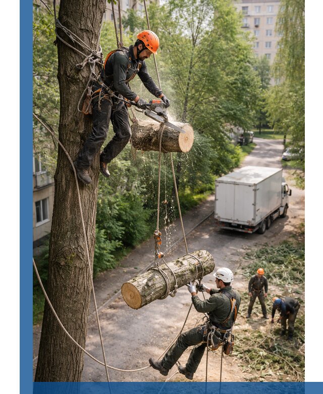 Спил деревьев альпинистами в Шебекине, безопасно и без повреждений