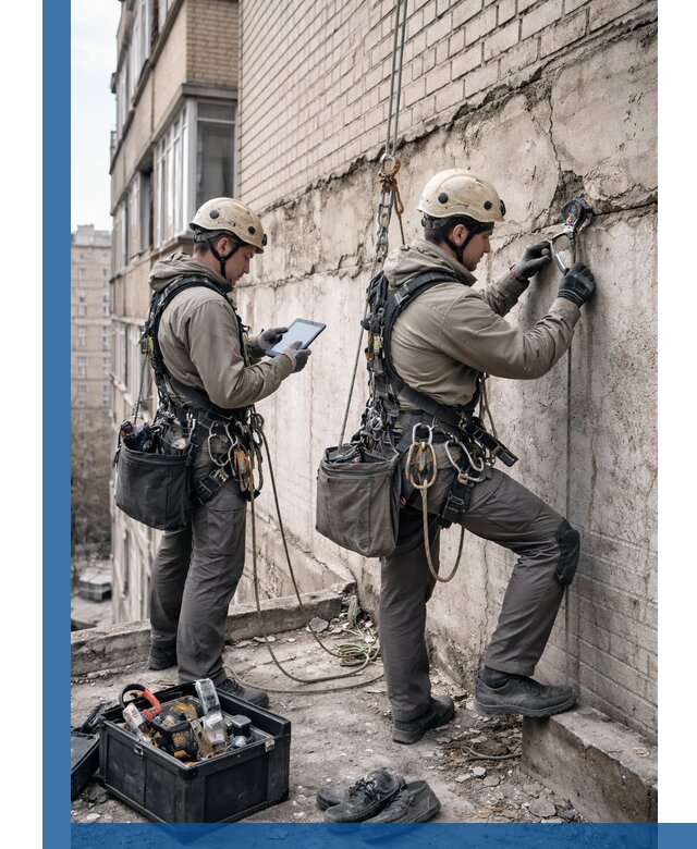 Обследование фасада промышленными альпинистами в Шебекине